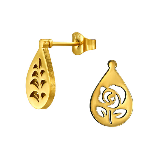 Adult Gold Plated Stainless Steel Plant and Rose Flower Ear Studs