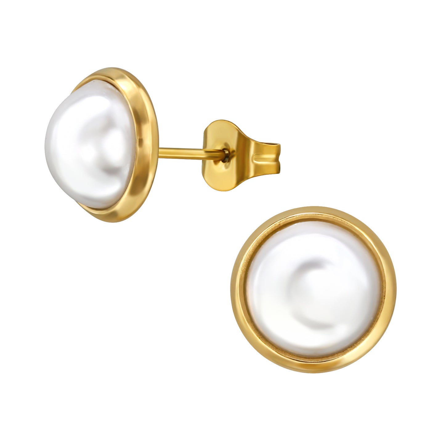 Adult Gold Plated Surgical Steel Round Ear Studs with Imitation Pearl