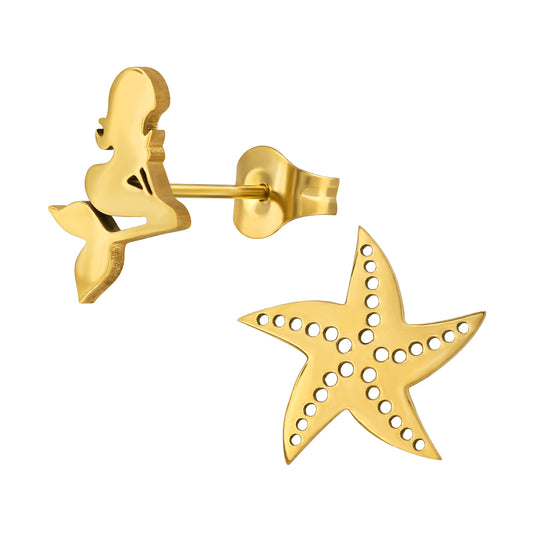Gold Plated Starfish and Mermaid Stainless Steel Ear Studs