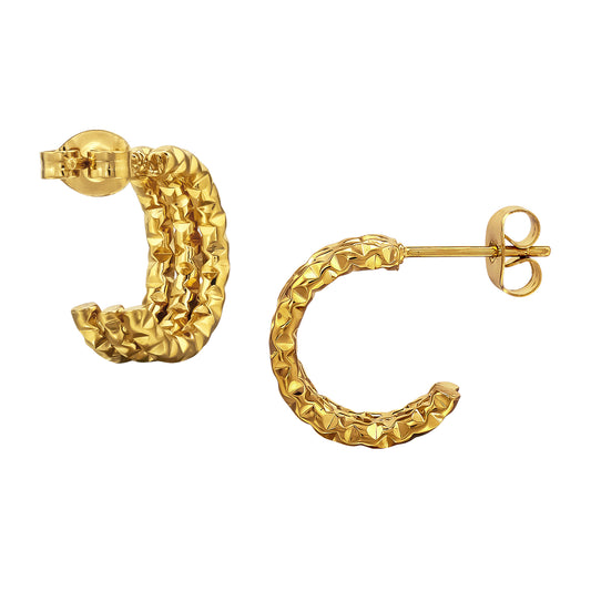 Adult Gold Plated Stainless Steel Three Line Bar Diamond Cut Ear Studs