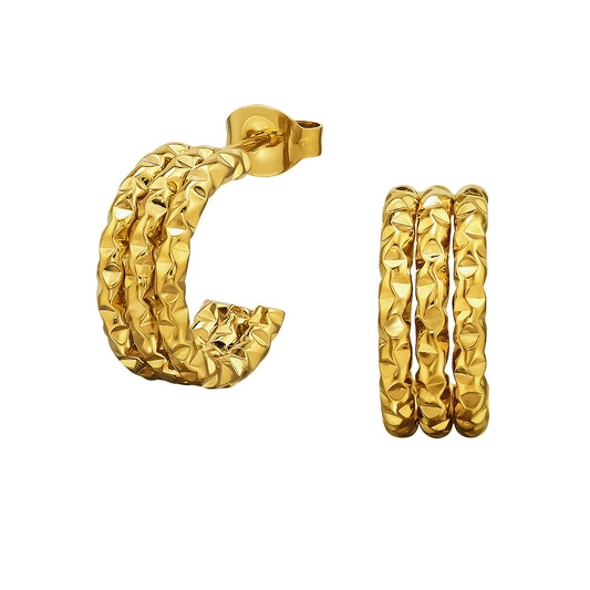 Adult Gold Plated Stainless Steel Three Line Bar Diamond Cut Ear Studs