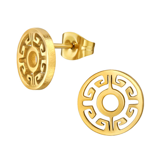 Adult Gold Plated Stainless Steel Greek Key Circle Ear Studs