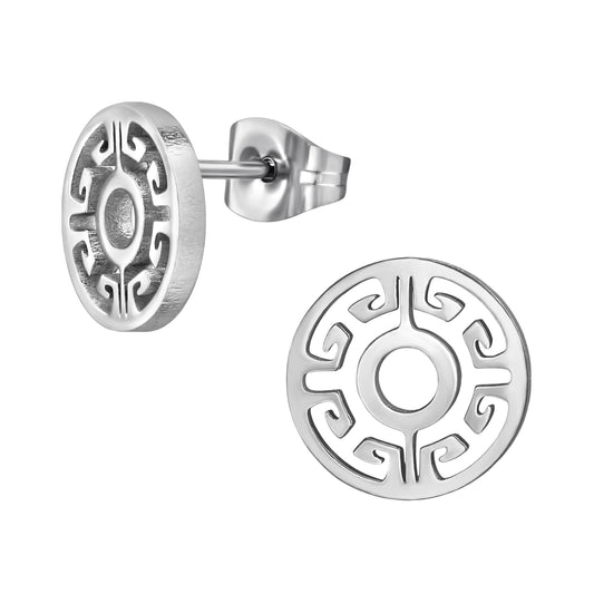 Adult Stainless Steel Greek Key Circle Flower Ear Studs
