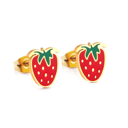 Gold-Plated Stainless Steel Strawberry Stud Earrings with Epoxy