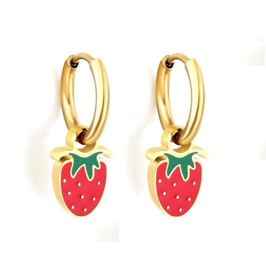 Gold-Plated Stainless Steel Strawberry Hoop Earrings with Epoxy