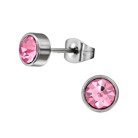 Round Stainless Steel Ear Studs with Rose Crystal