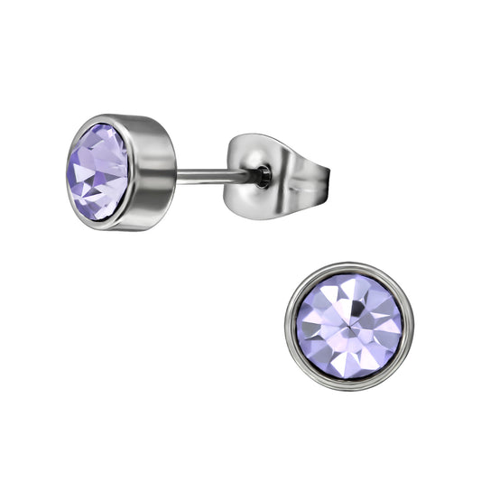 Round Stainless Steel Ear Studs with Purple Crystal