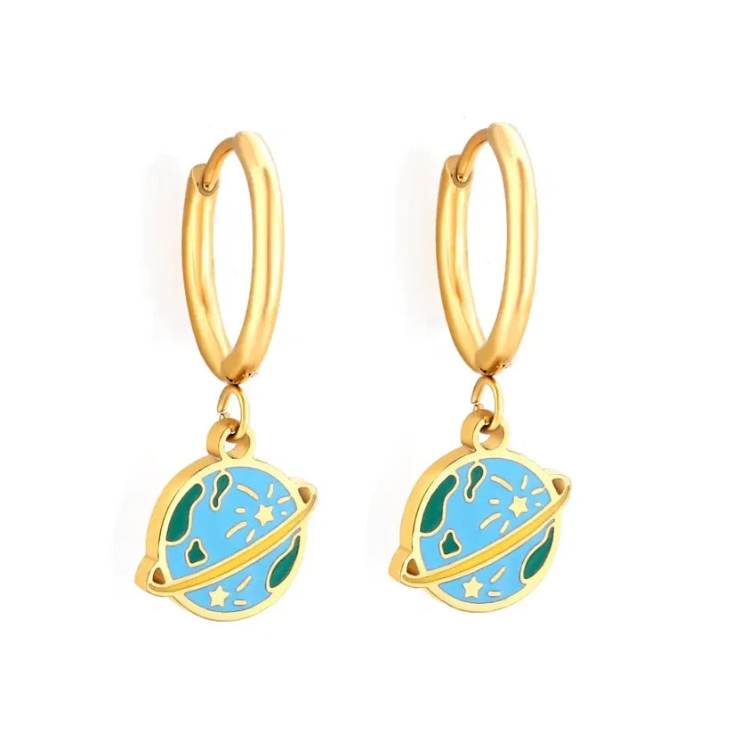 Gold-Plated Stainless Steel Saturn Hoop Earrings With Epoxy