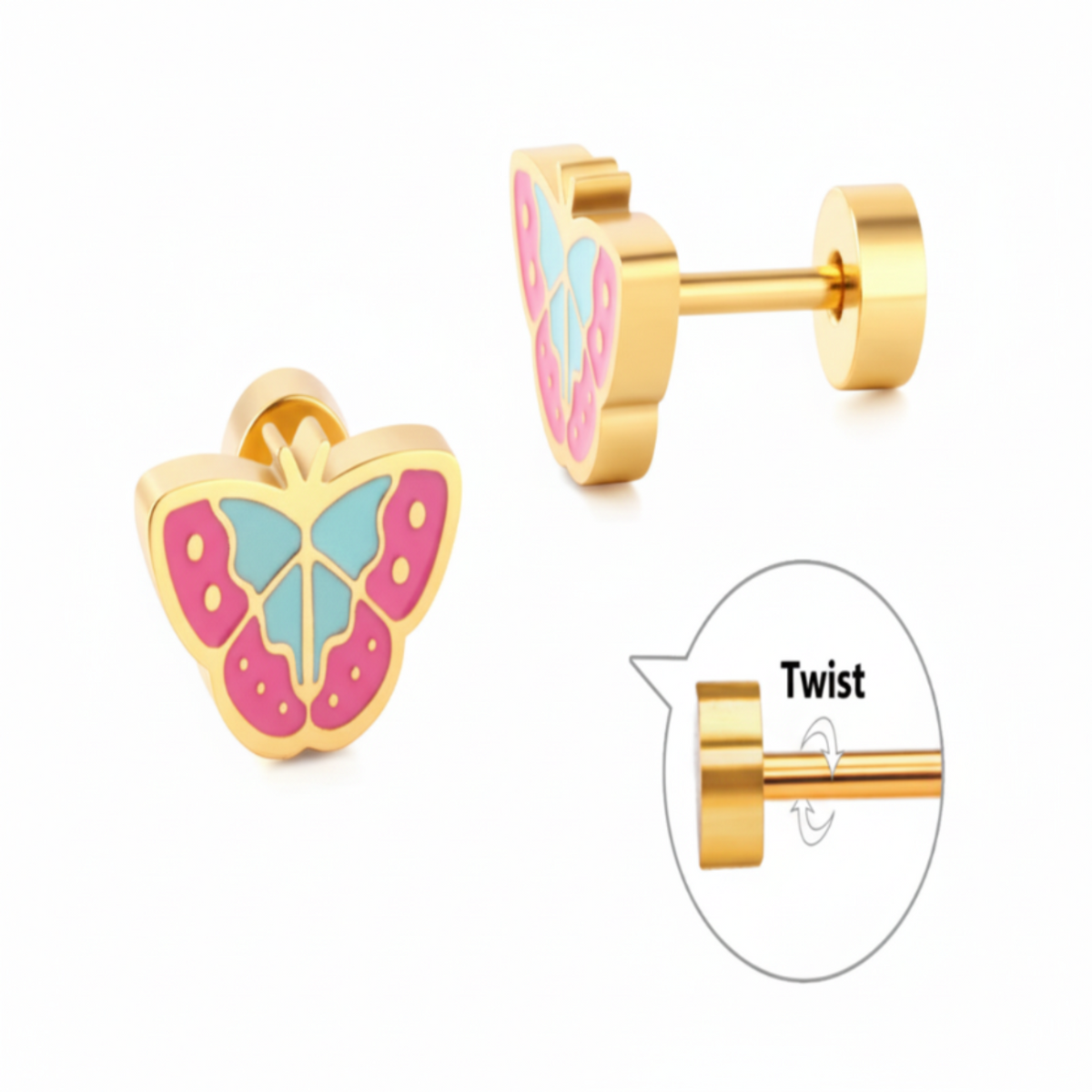 Gold-Plated Stainless Steel Butterfly Stud Earrings with Epoxy