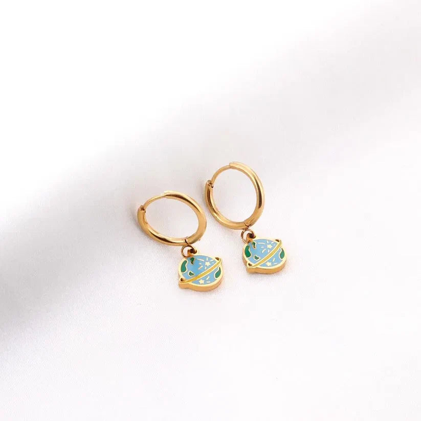 Gold-Plated Stainless Steel Saturn Hoop Earrings With Epoxy