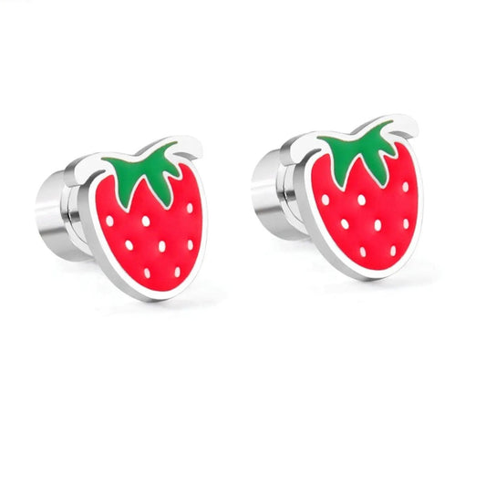 Stainless Steel Strawberry Stud Earrings with Epoxy (Press Back)