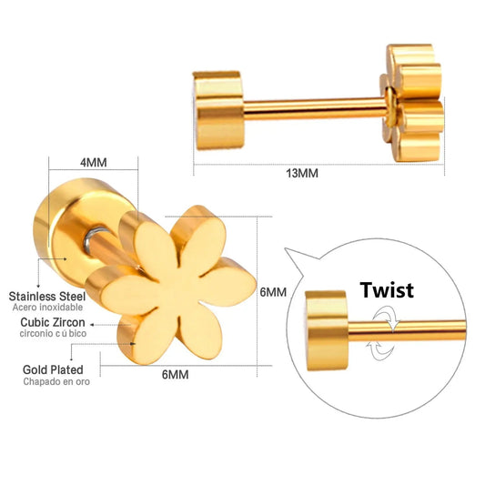 Gold-Plated Stainless Steel Flower Stud Earrings (Twist Back)