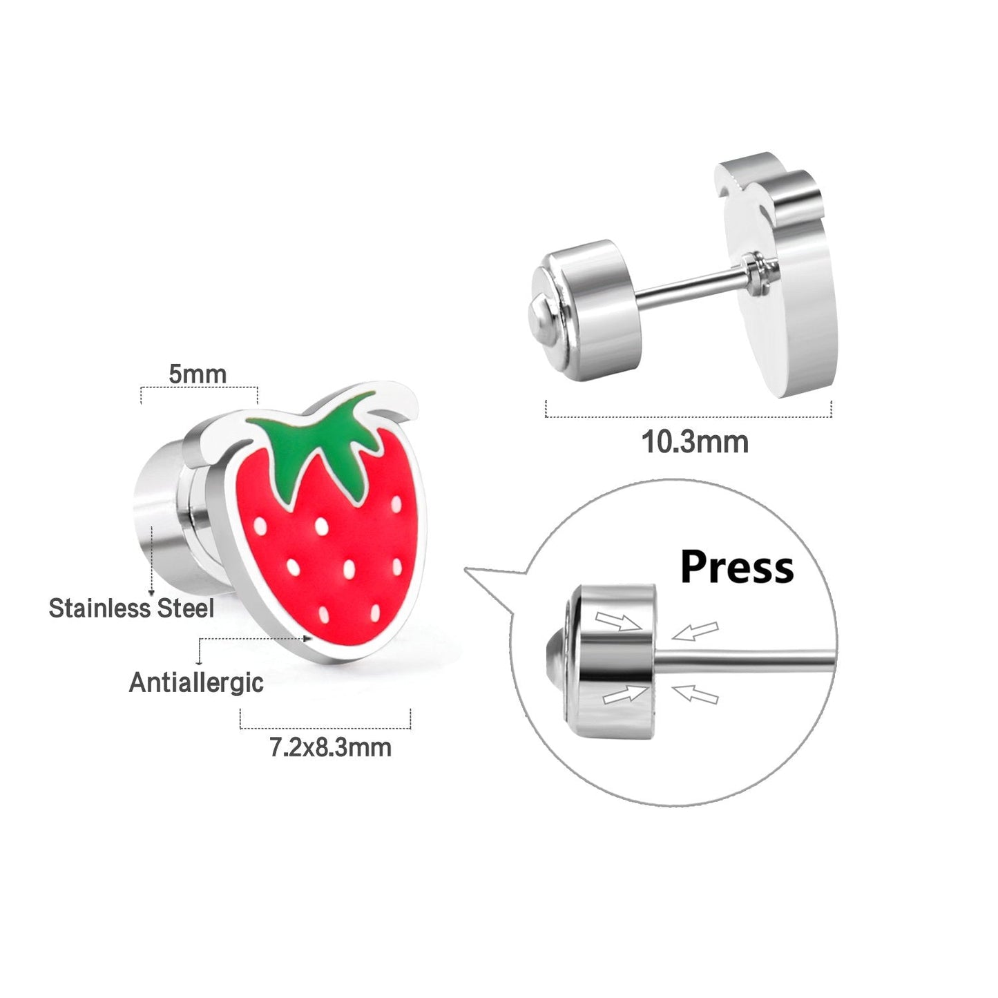 Stainless Steel Strawberry Stud Earrings with Epoxy (Press Back)