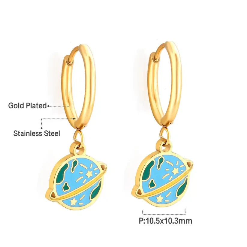 Gold-Plated Stainless Steel Saturn Hoop Earrings With Epoxy
