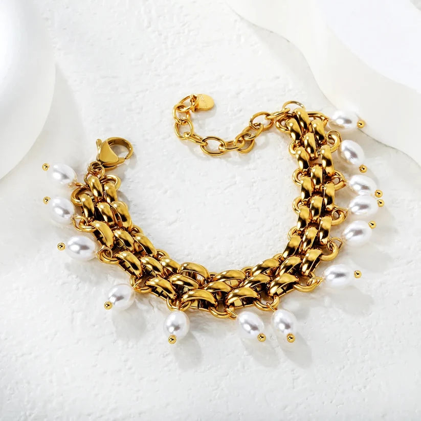 Adult Gold Plated Bracelet With Tassel Imitation Pearls