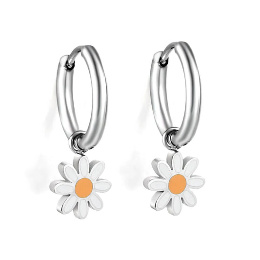 Stainless Steel Daisy Hoop Earrings with Epoxy
