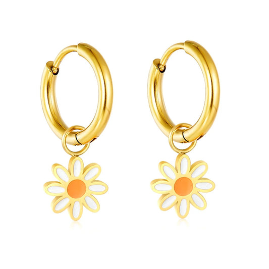 Gold-Plated Stainless Steel Daisy Hoop Earrings with Epoxy