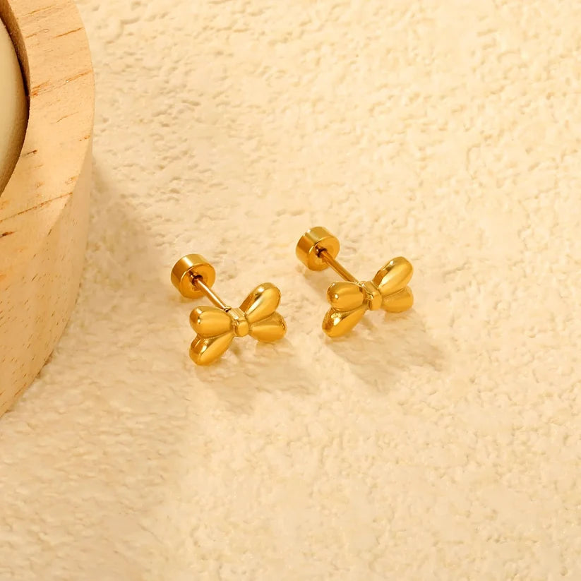 Gold-Plated Stainless Steel Bowknot Stud Earrings (Twist Back)
