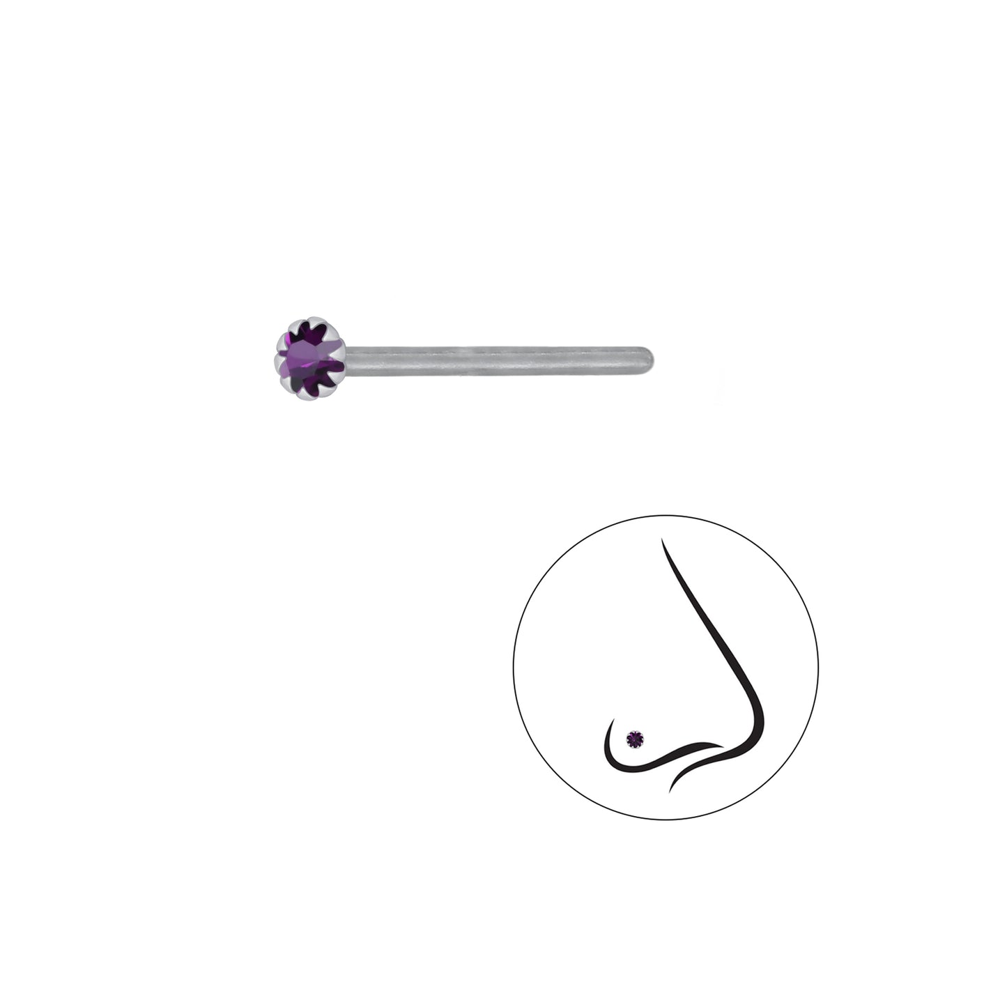 925 Sterling Silver Round Crystal Nose Stud - 2mm
