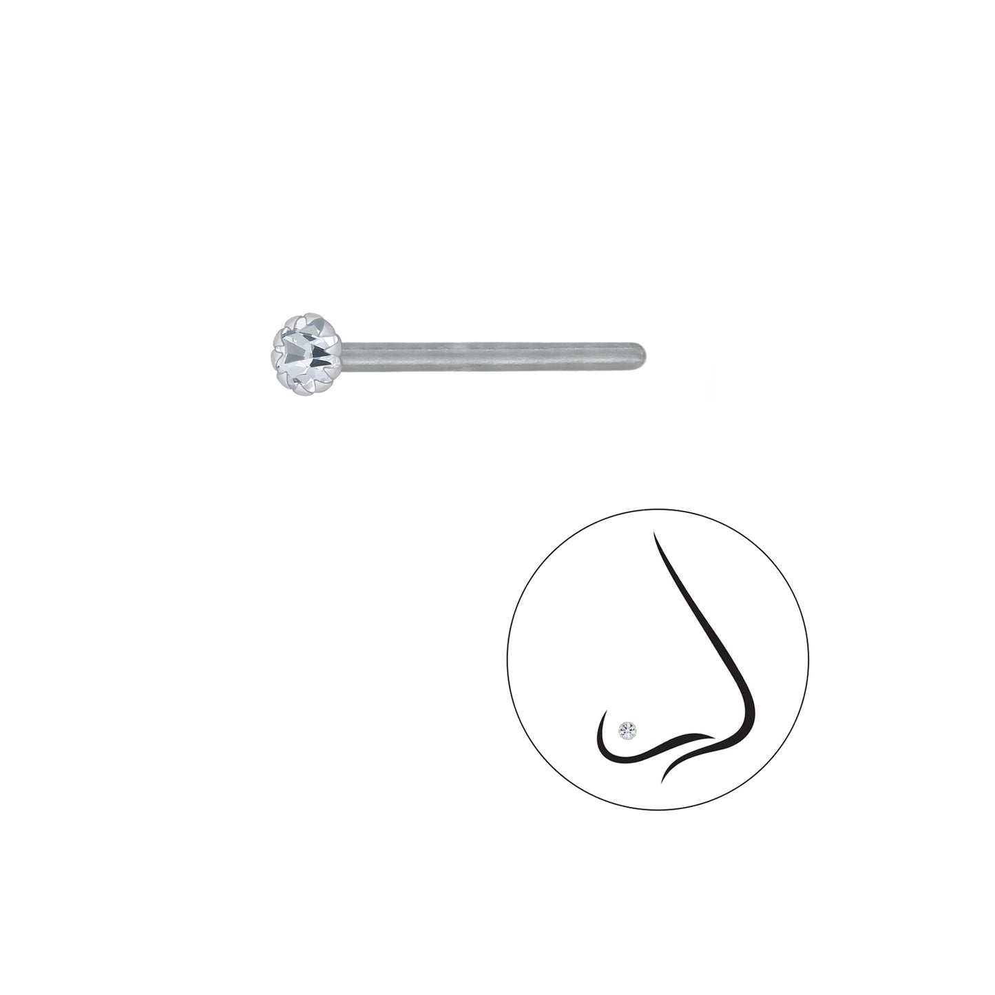 925 Sterling Silver Round Crystal Nose Stud - 2mm