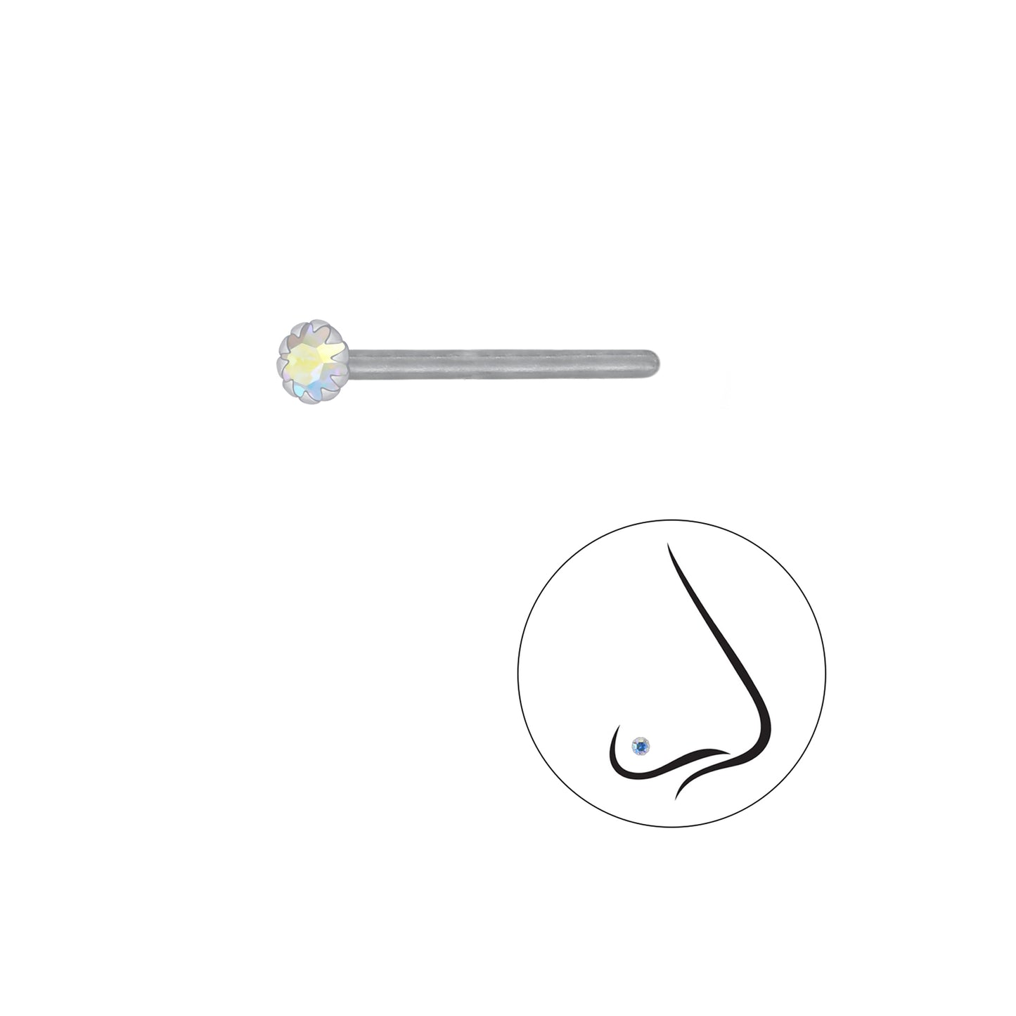 925 Sterling Silver Round Crystal Nose Stud - 2mm