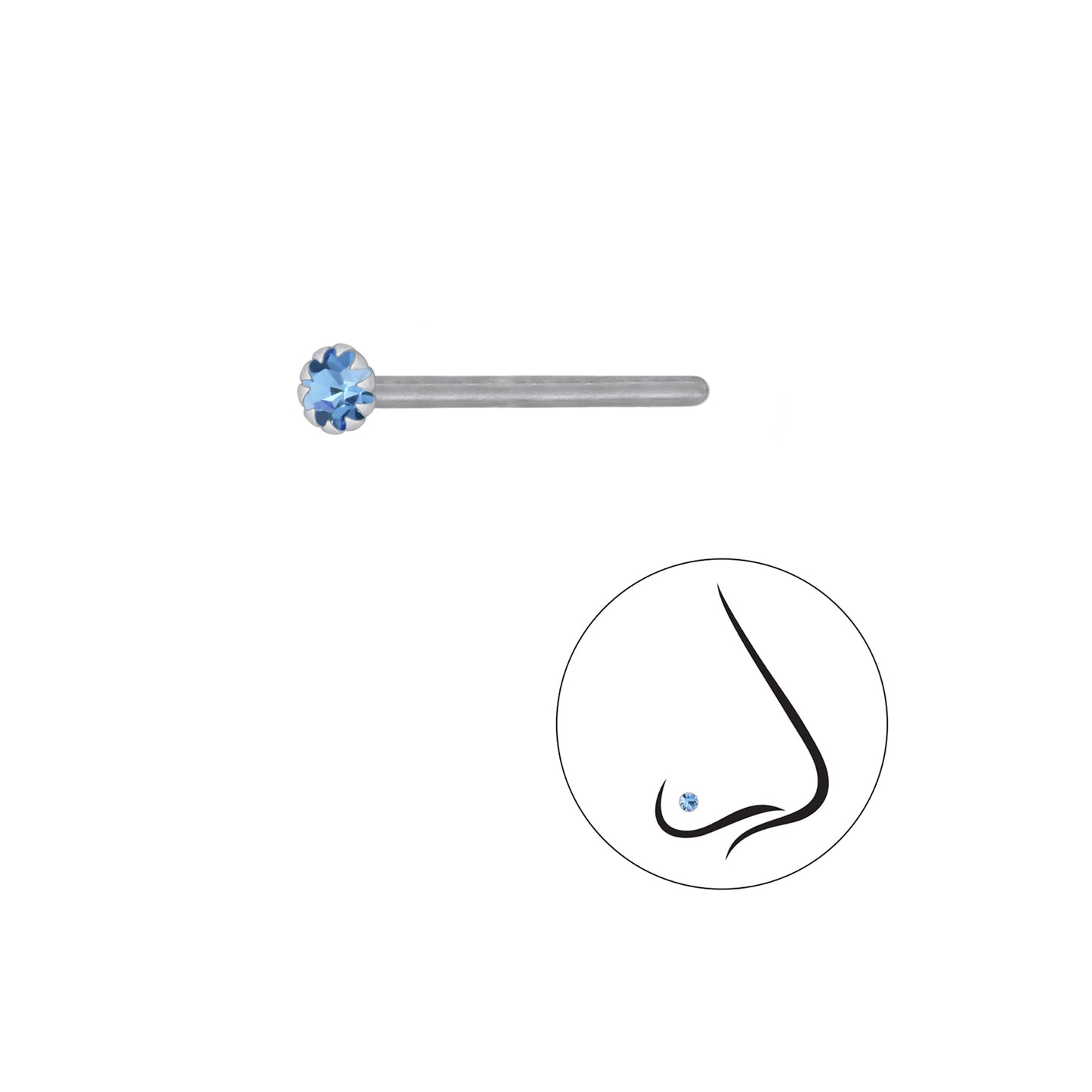 925 Sterling Silver Round Crystal Nose Stud - 2mm