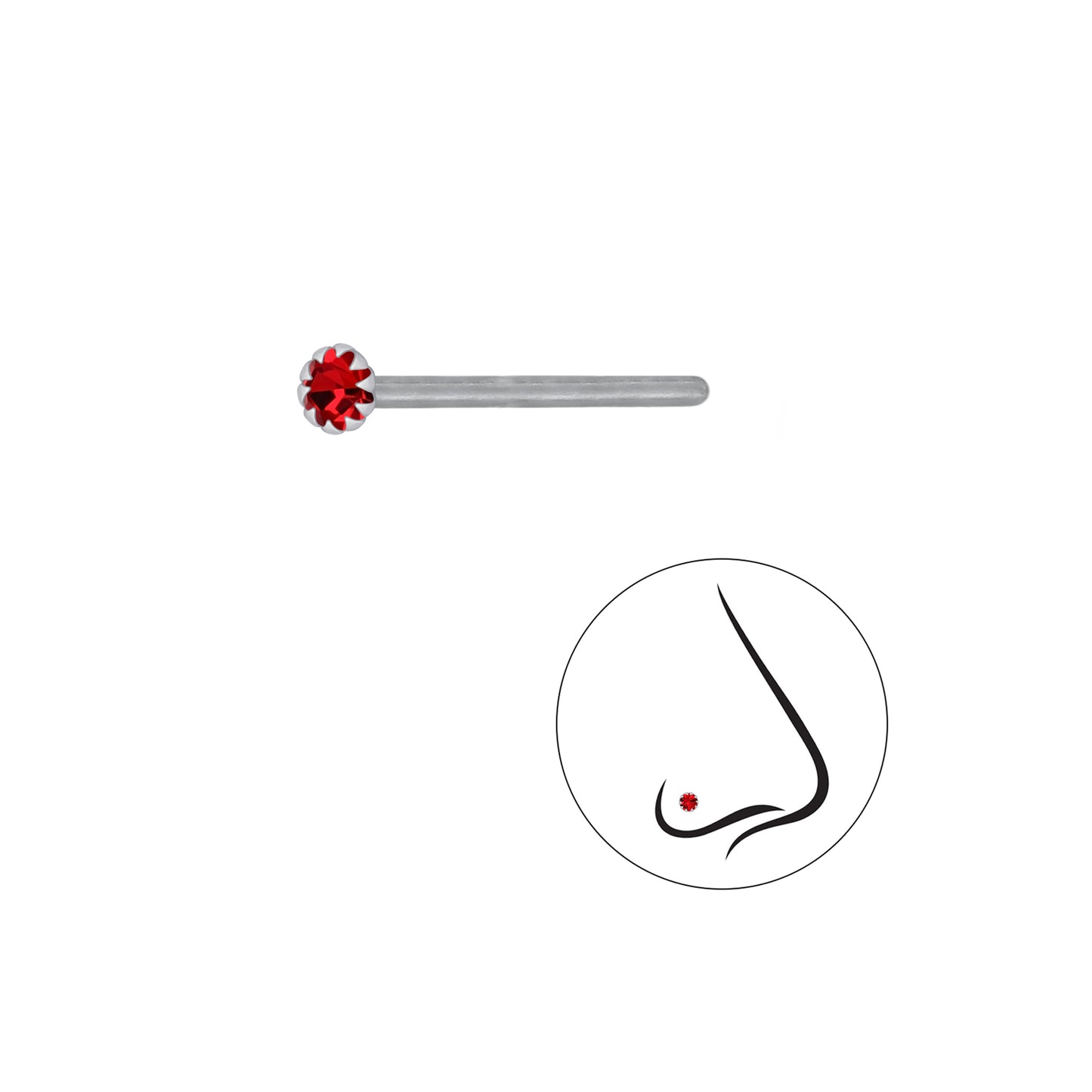 925 Sterling Silver Round Crystal Nose Stud - 2mm