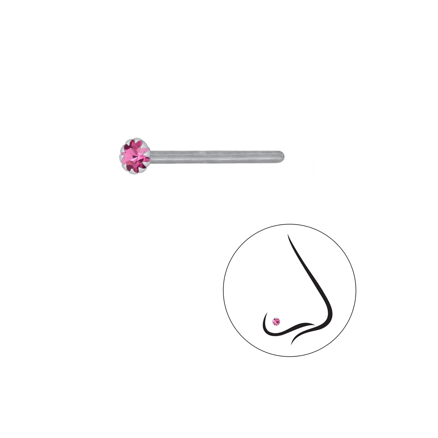 925 Sterling Silver Round Crystal Nose Stud - 2mm