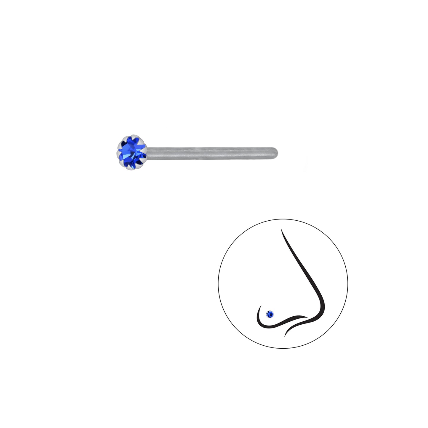 925 Sterling Silver Round Crystal Nose Stud - 2mm