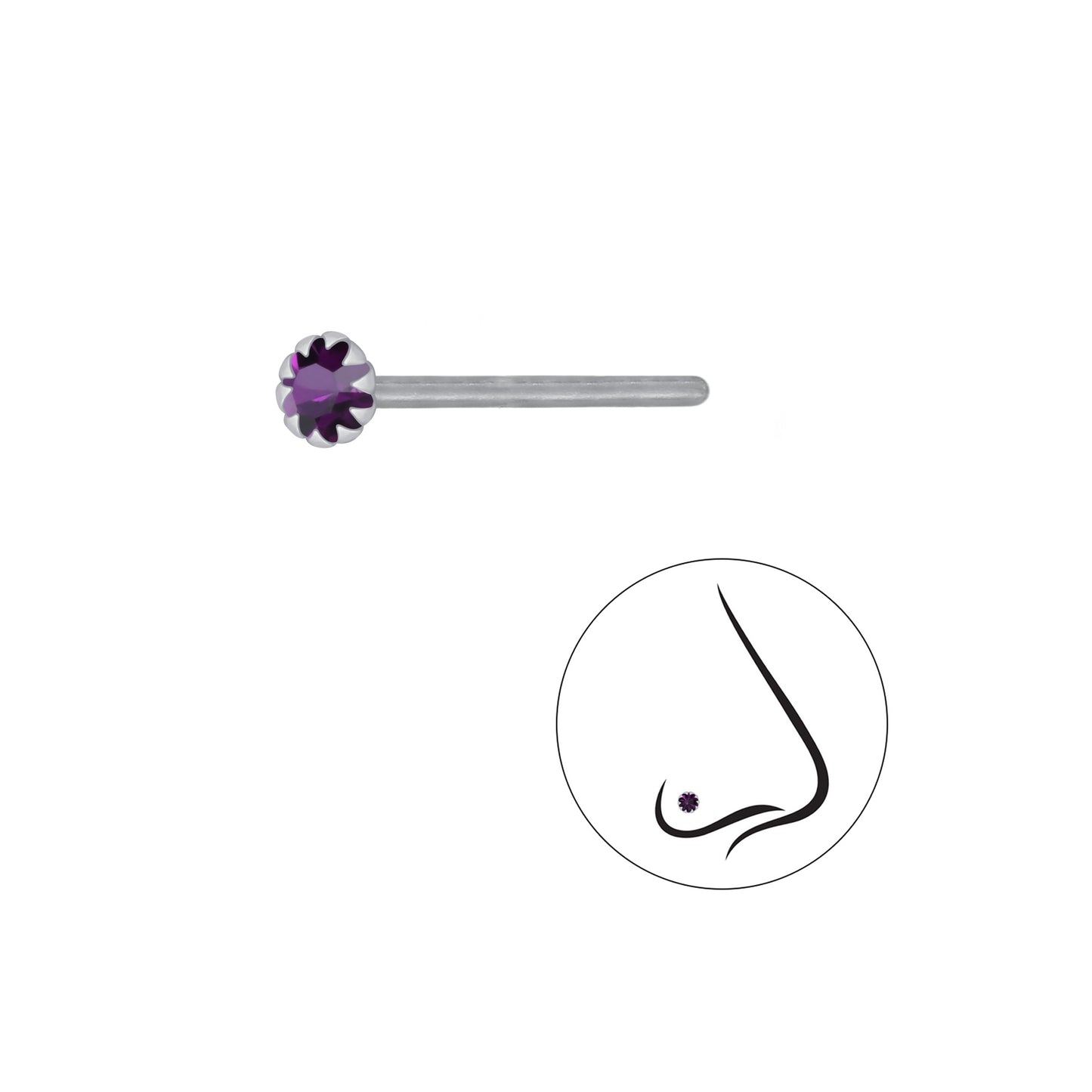 925 Sterling Silver Round Crystal Nose Stud - 2.5mm