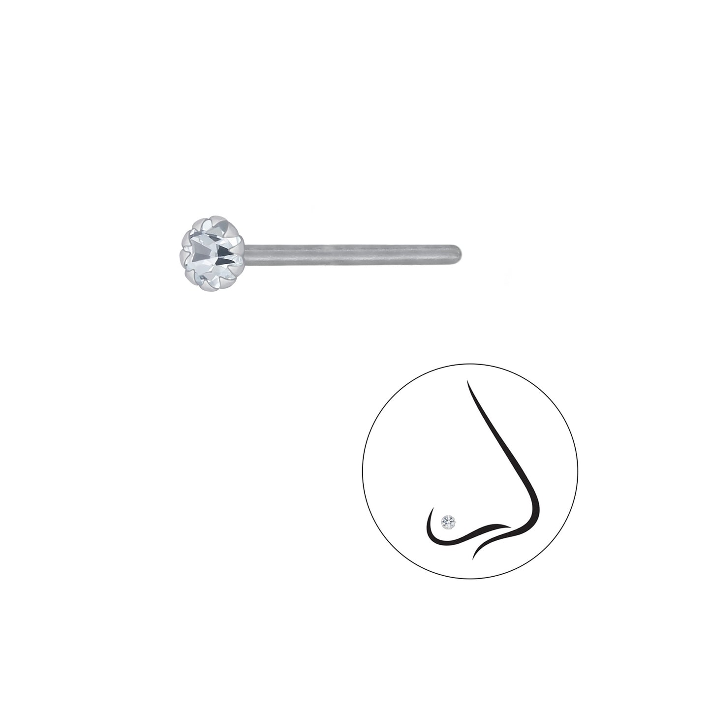 925 Sterling Silver Round Crystal Nose Stud - 2.5mm
