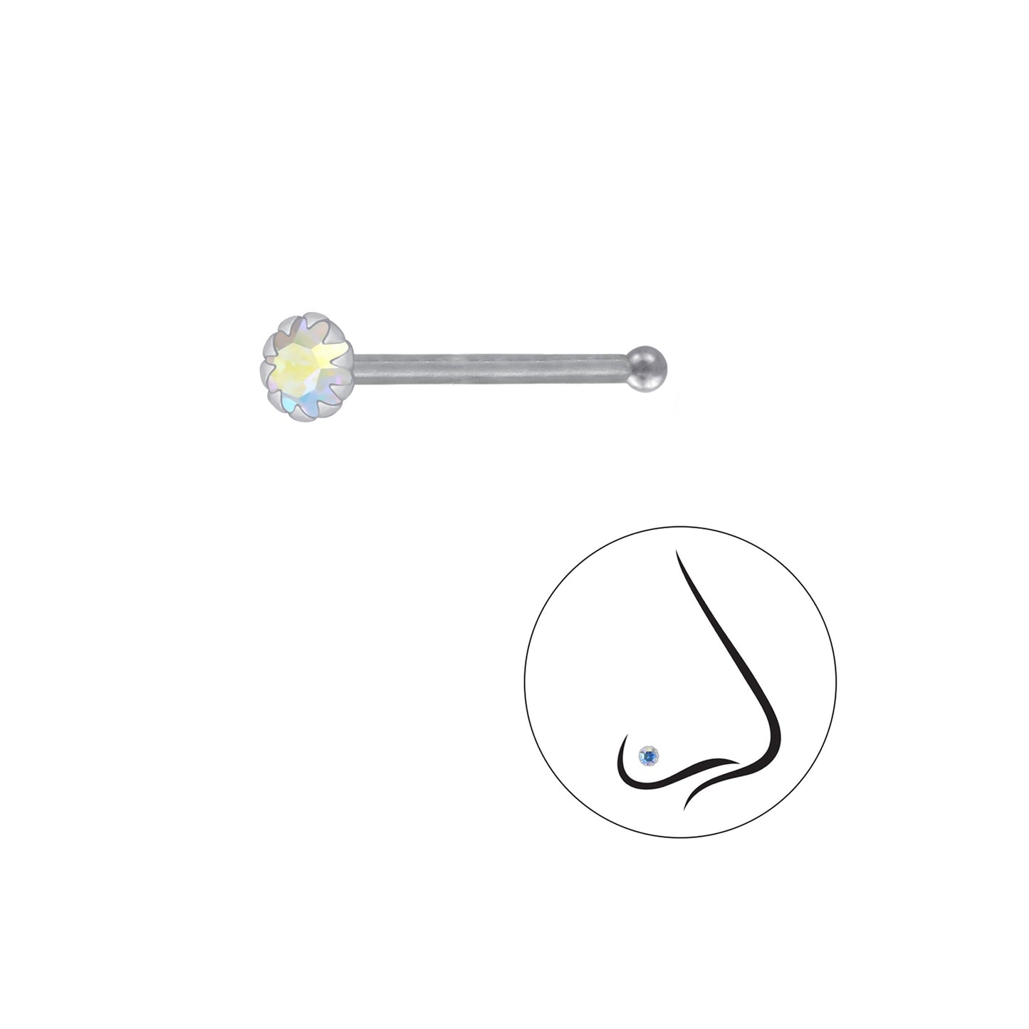 925 Sterling Silver Round Crystal Nose Stud With Ball - 2.5mm