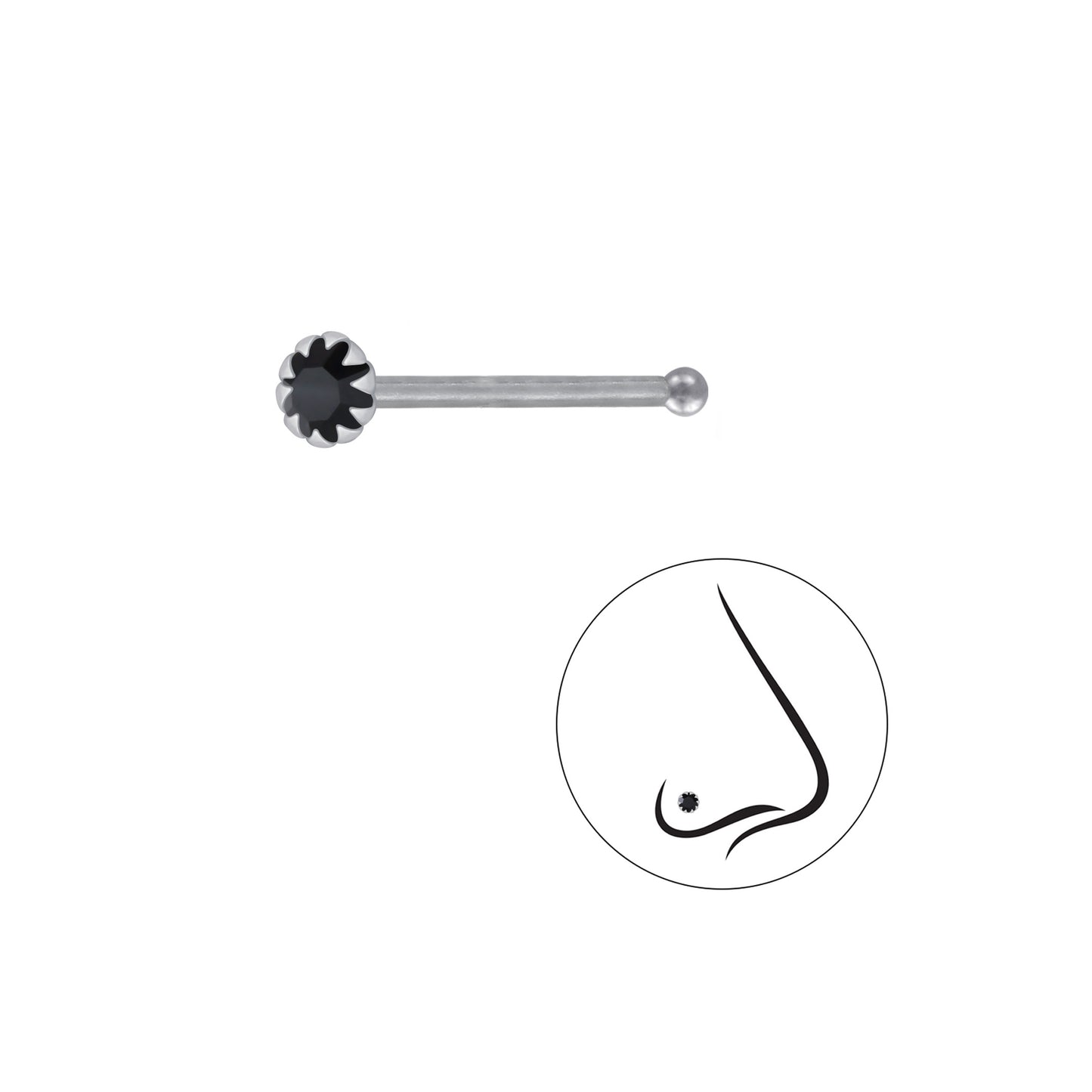 925 Sterling Silver Round Crystal Nose Stud With Ball - 2.5mm
