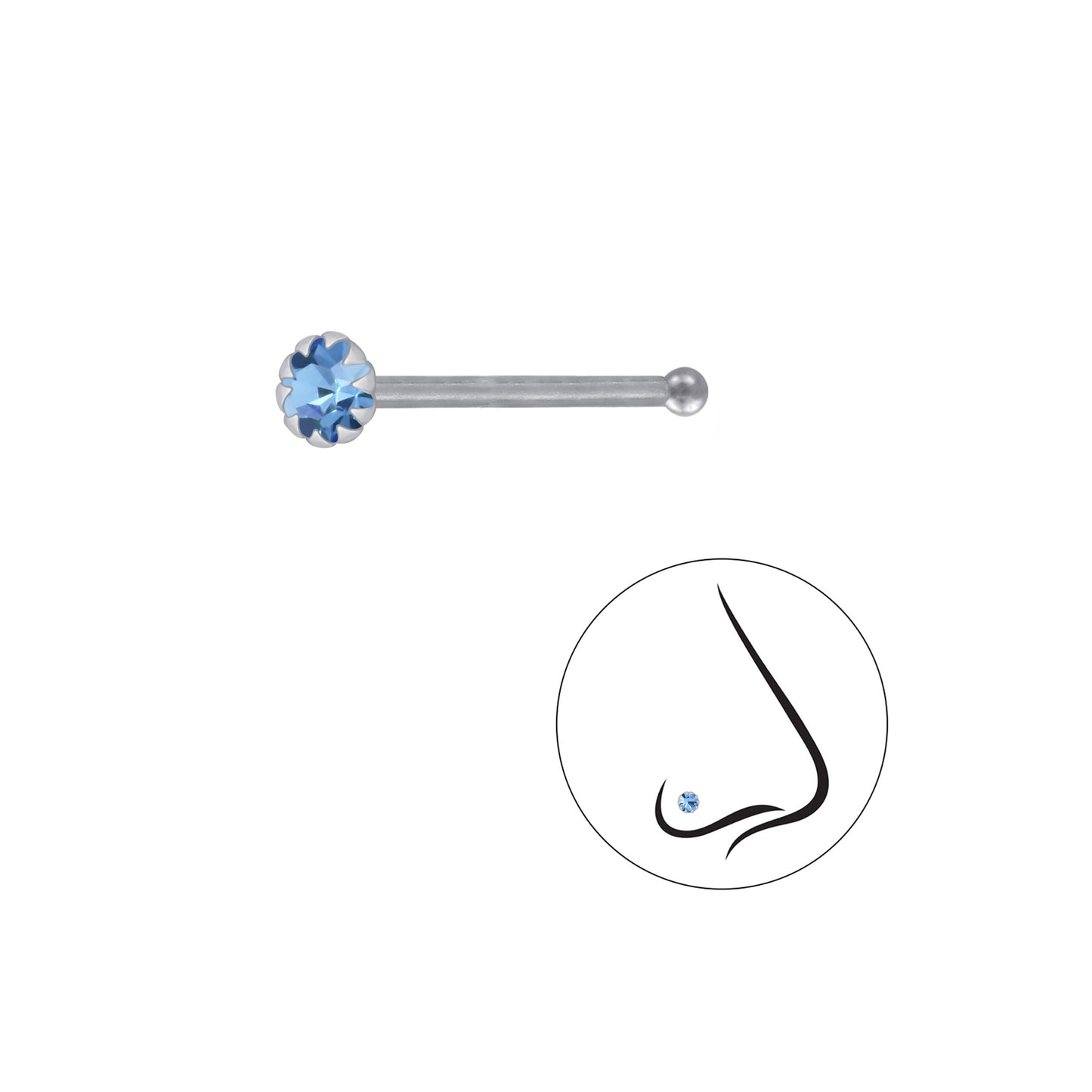 925 Sterling Silver Round Crystal Nose Stud With Ball - 2.5mm