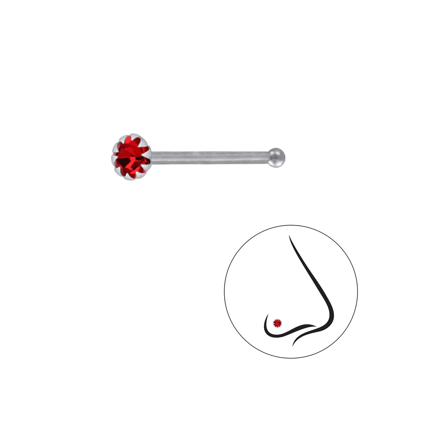 925 Sterling Silver Round Crystal Nose Stud With Ball - 2.5mm