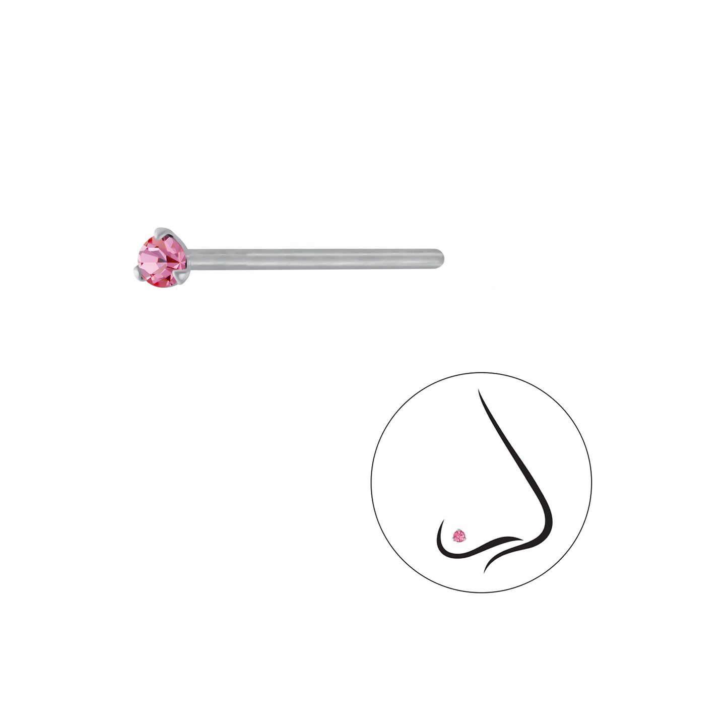 925 Sterling Silver Round Crystal Nose Stud - 1.5mm