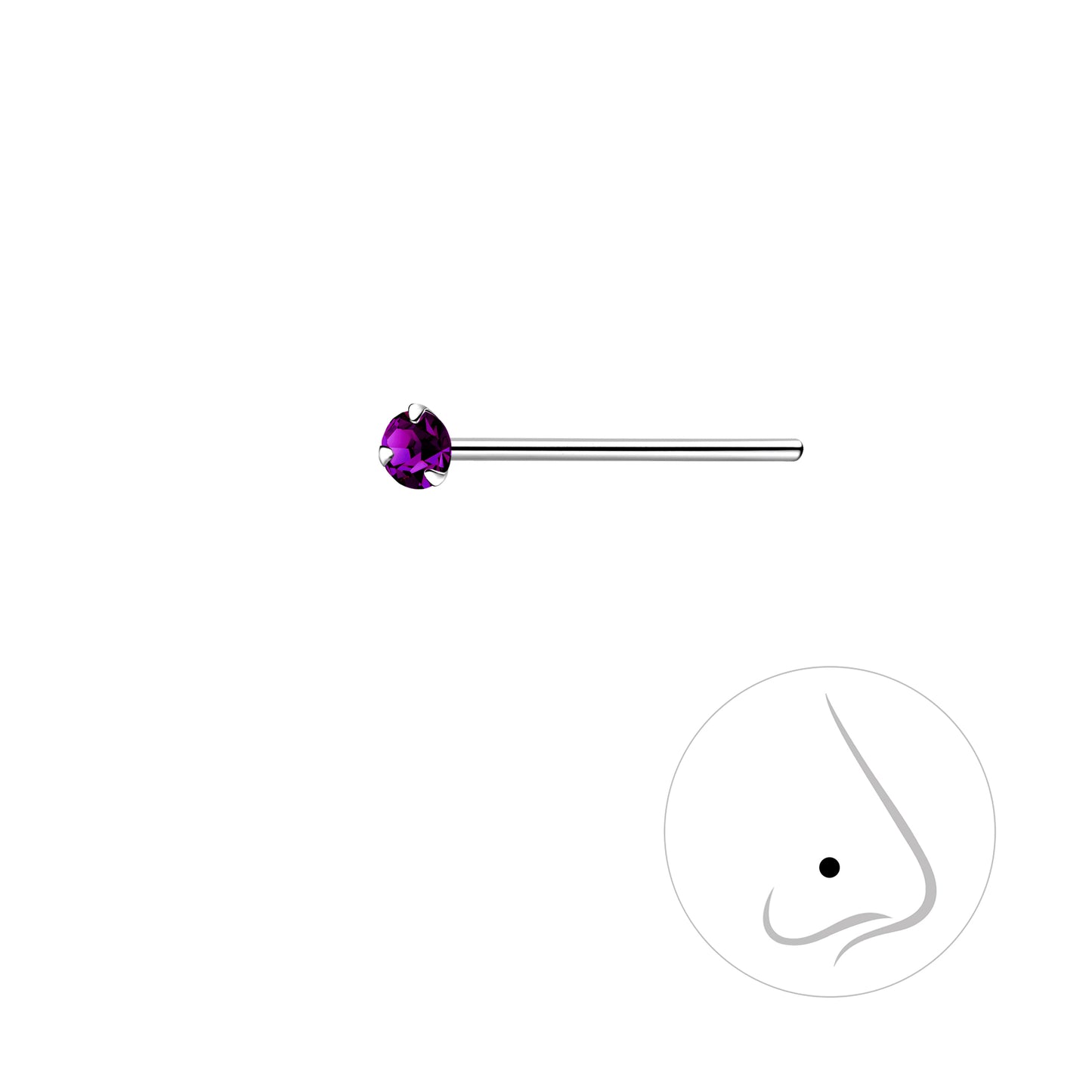 925 Sterling Silver Round Crystal Nose Stud - 2mm